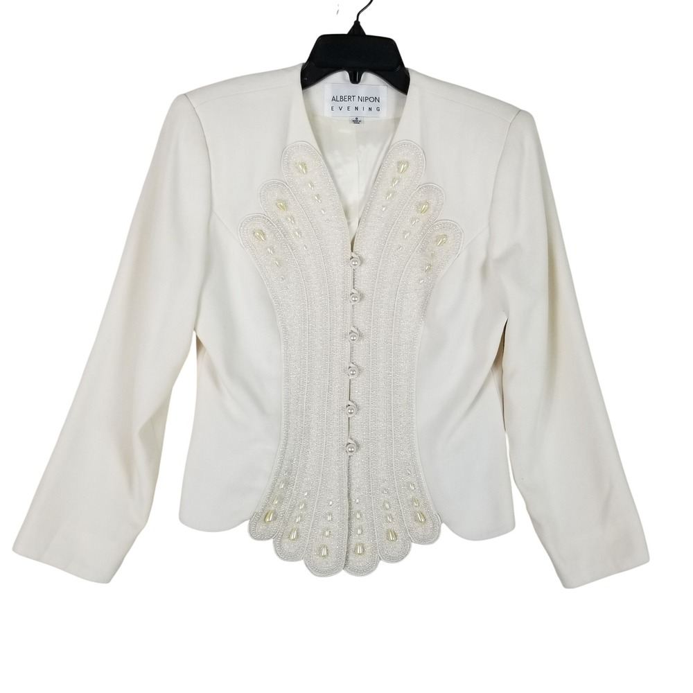 Albert Nipon Evening Jacket Womens 8 Ivory Beaded Pearl Scalloped Vintage Style